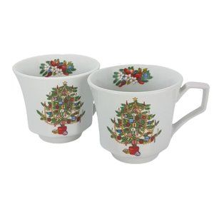 Set of 2 Vintage TIENSHAN (Fairfield) Fine China Mugs Teacups Christmas Tree